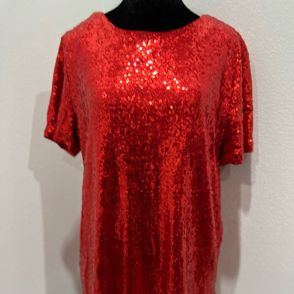 Holiday Party ready!!  Red sequined short sleeve top!  Worn once & dry cleaned.
